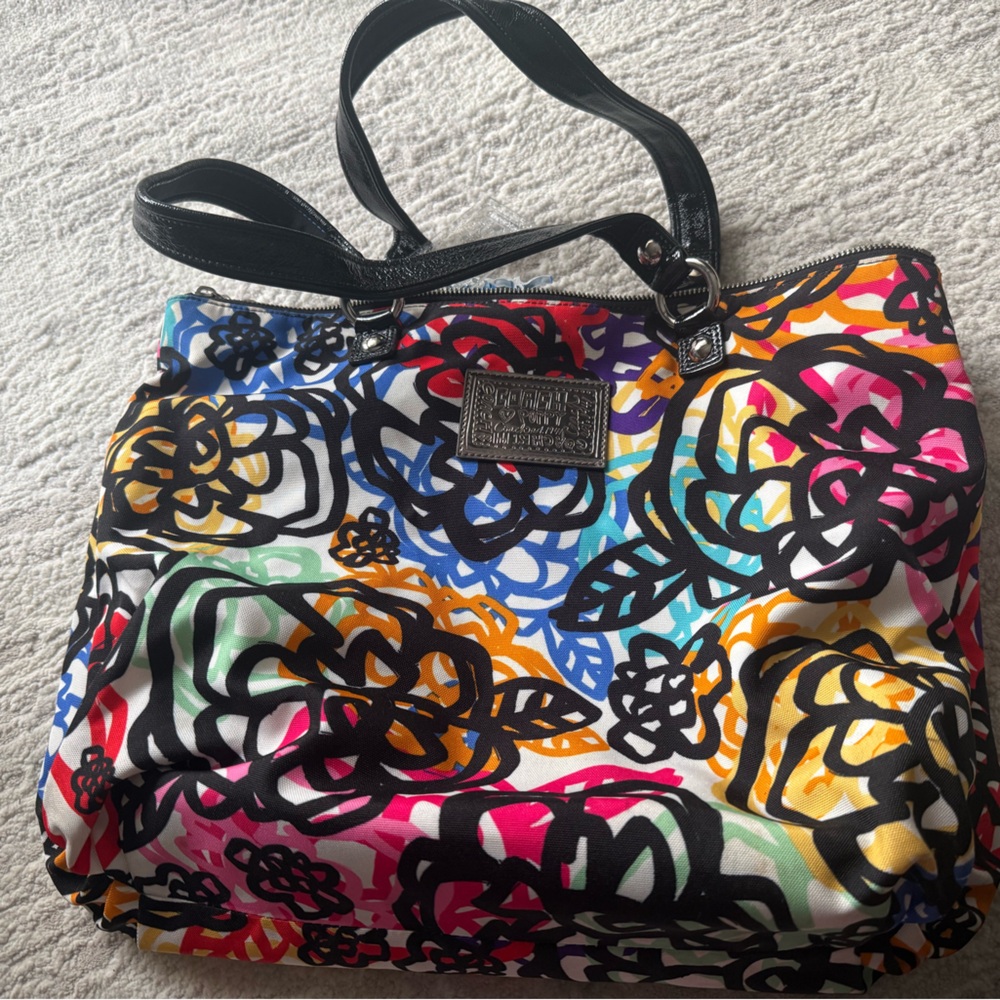 Coach Multicolor Floral Tote Bag with Black Handles